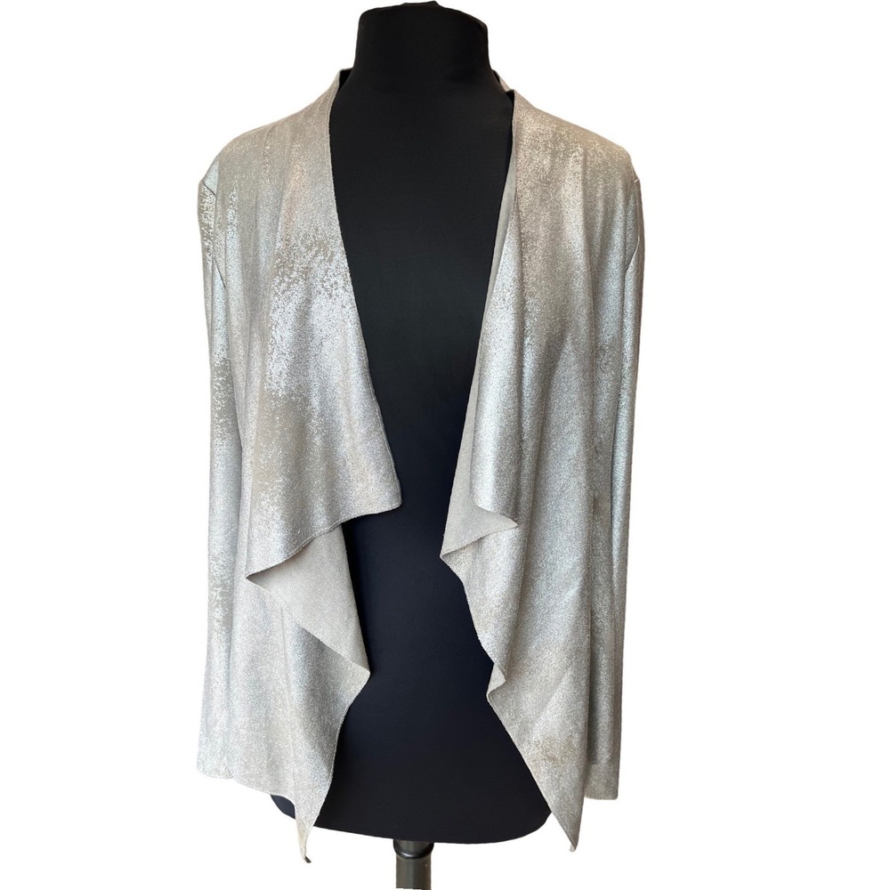 Dolce Cabo Silver Metallic Draped Open Front Cardigan Jacket Small 71521